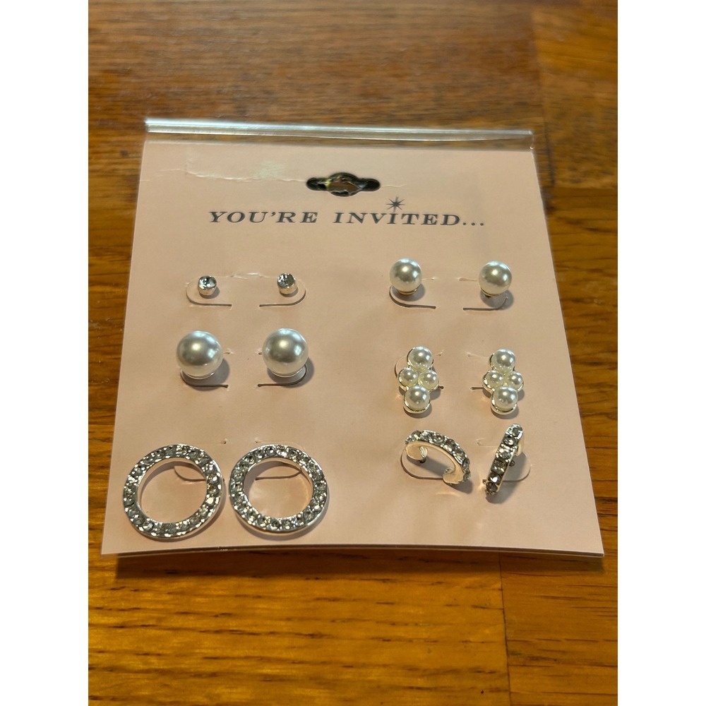 You're Invited 6 Pair Earring Set Silver Tone Faux Pearl Rhinestone Studs Hoops